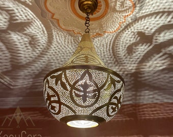 Brass Ceiling Light, Moroccan Pendant Light, Brass Chandelier Decor Lighting, Boho Lighting, Handmade Engraved Lamp