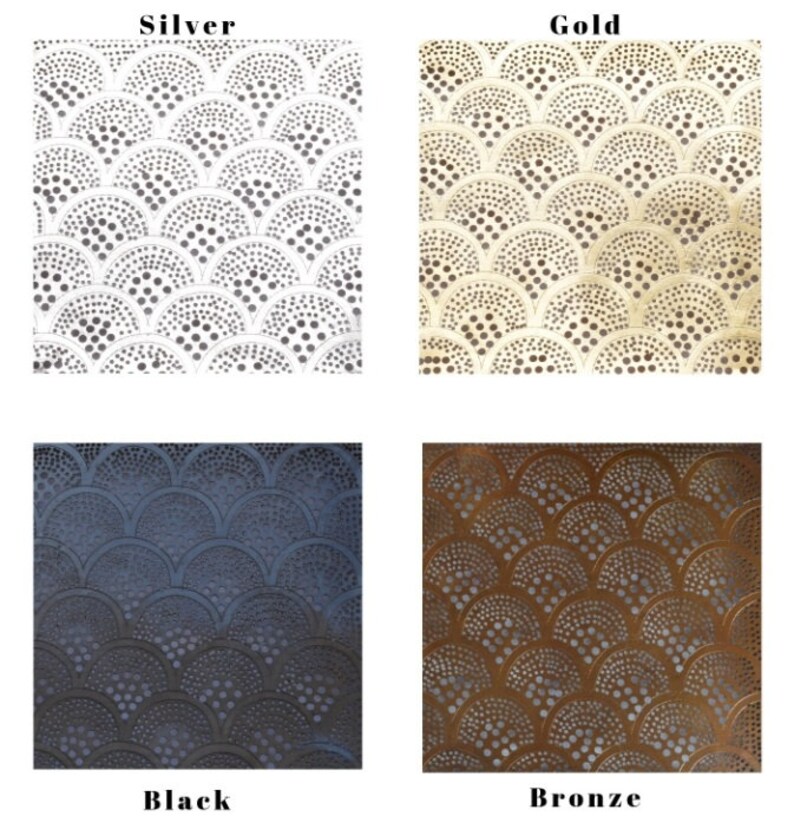 May include: Four samples of decorative metal sheet with a repeating pattern of overlapping circles and dots. The samples are in silver, gold, black, and bronze.
