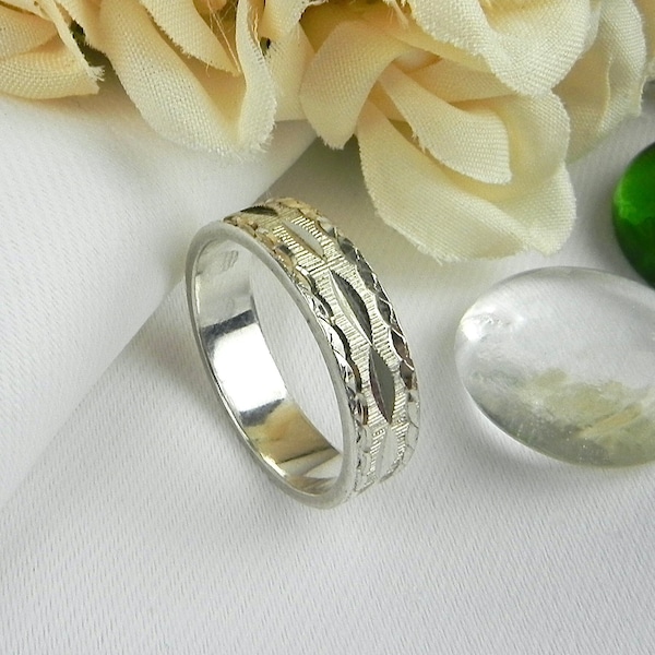 Silver Etched Band | 5mm Etched Ring | Vintage Promise Sterling Silver Ring