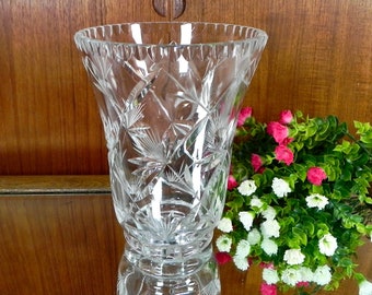 Grand vase en cristal taillé | Verrerie élégante Mid-Century | Cristal au plomb, motifs de feuilles et de plantes