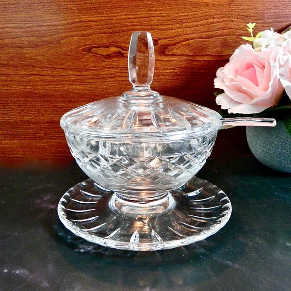 Cut Crystal Compote or Condiment Dish with Lid & Spoon | Diamond Crosshatch Pattern  | Vintage Bridal Gift
