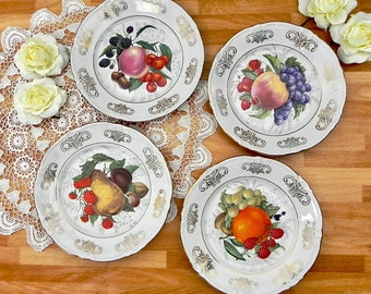 German Fruit Luncheon Plates | Bavaria East Side Plates | Set of 4 Gold Trimmed European Dishware