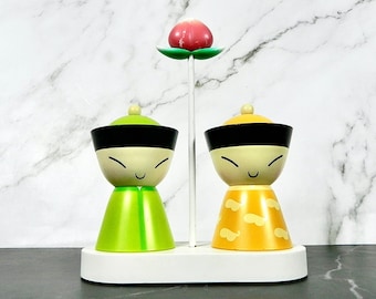 ALESSI Mr. Mrs. Chin Salt & Pepper Shakers | Yellow and Green Set in Caddy