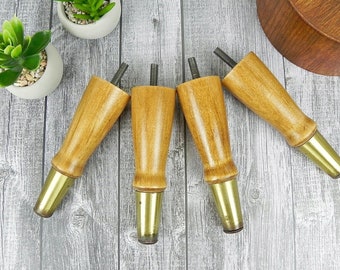 Wooden Dresser Legs Set of 4 | Vintage Solid Wood & Brass Furniture Legs | Replacement Refinishing Parts