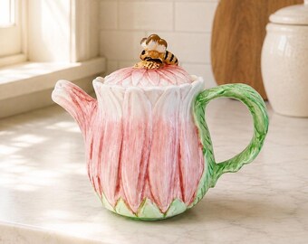 1994 the Bombay Company Pink Gerber Daisy Teapot With Bumble Bee
