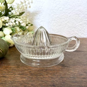 Puede incluir: Exprimidor de cítricos de vidrio transparente con un cuenco acanalado, un escariador cónico y un asa. El exprimidor se asienta sobre una base circular. El fondo incluye flores blancas y una superficie de madera.