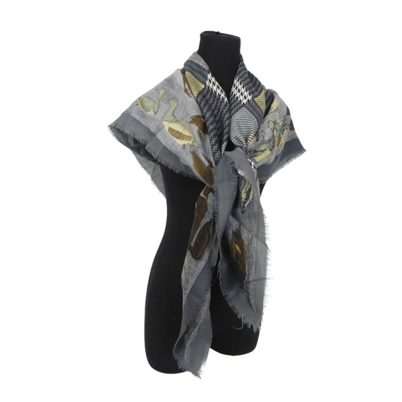 Duck Silk Scarf | Large Grey & Brown Shawl with D… - image 1