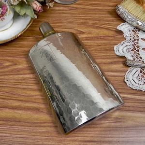 Antique Hip Flask | Banged Silver Metal Whiskey Flask | Monogrammed Antique Alcohol Bottle