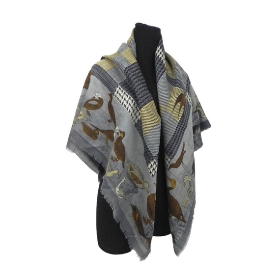 Duck Silk Scarf | Large Grey & Brown Shawl with D… - image 6