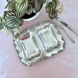 May include: A silver-plated serving dish with two rectangular compartments. The dish has a decorative border with a grape vine design. A fork and knife are placed to the side of the dish. A potted plant is in the background.
