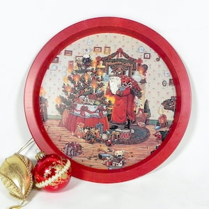 Vintage Santa Claus Tray Delivering Presents | Old Time Metal Holiday Serving Tray | Milk & Cookies Tin Tray for Santa