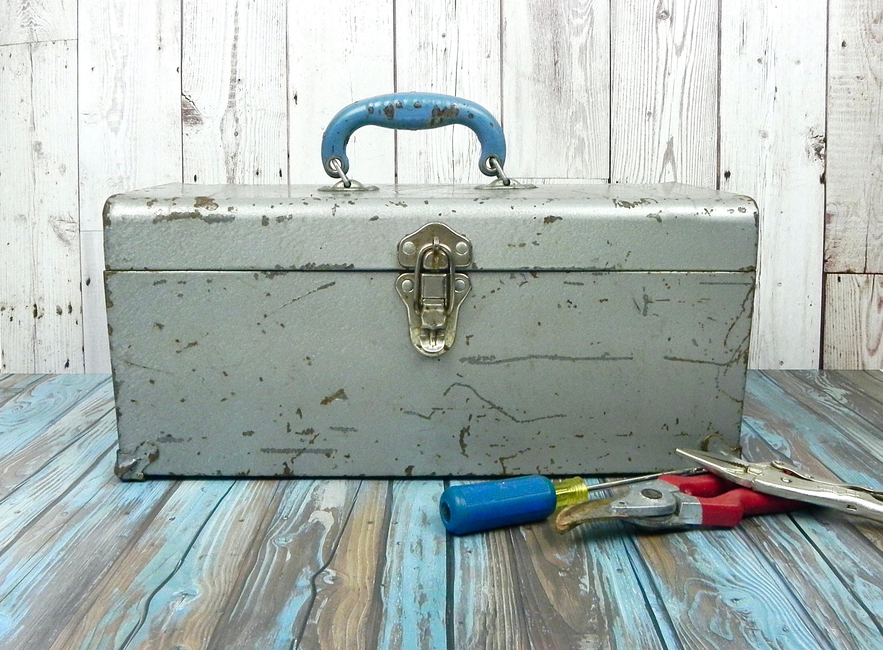 Antique Metal Tool Box Large Grey Metal Toolbox Vintage Etsy