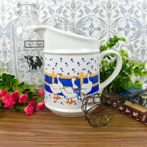 Country Goose Pitcher | White & Blue Large Creamer | Country Kitchen Decor