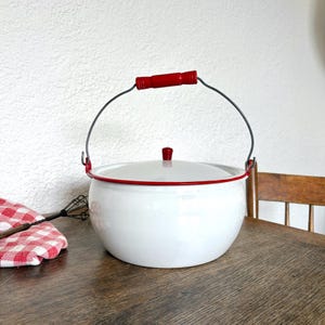 Vintage Red White Enamelware Pot with Lid | Rustic Mid-Century Cookware