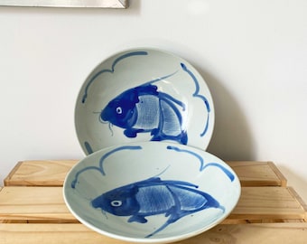 Set of 2 Hand-Painted Koi Fish Bowls | Blue Pasta or Serving Bowls