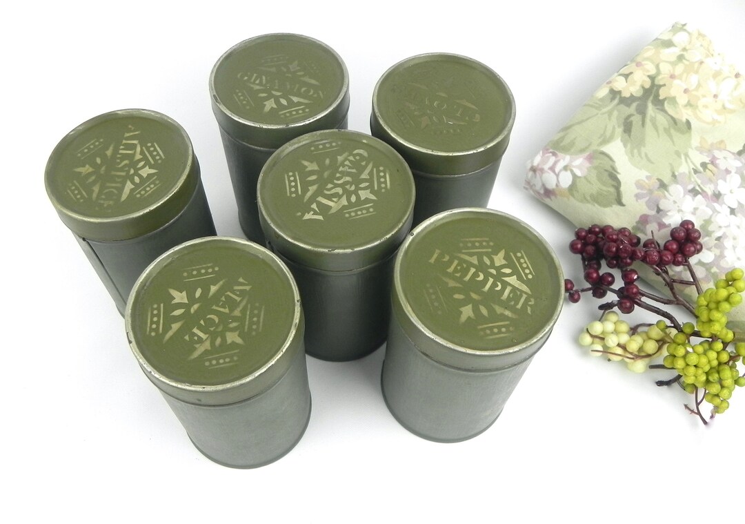 Small Spice Canister Green Canisters Set of 6 Cinnamon Mace Allspice