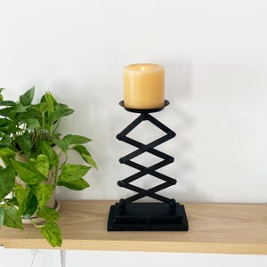 Vintage Wrought Iron Pillar Candle Holder | Tall Black Metal Centrepiece | Industrial Scissor Extension Stand | Gothic Brutalist Decor