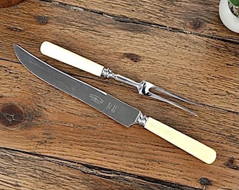 Juego de trinchar de baquelita / Juego de cuchillo y tenedor F.A. Peter Co. Sheffield / Juego de cubiertos de acero inoxidable de mediados de siglo