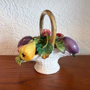 Italian Ceramic Woven Basket of Fruit | Hand Painted Porcelain Centrepiece | Capodimonte Style Decor