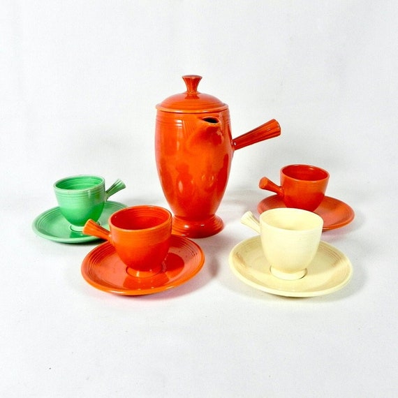 Vintage Fiesta Red Demitasse Coffee Set: Stick Handle Pot & Cups