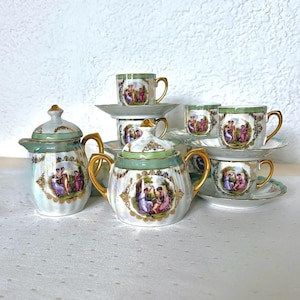 Schaller Bavaria Antique Espresso Coffee Set 24K Gold | Lustreware Rococo 6 Demi-tasse, Creamer & Sugar Bowl | Romantic German Porcelain