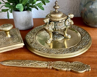 Antique Brass Desk Set: Art Nouveau Inkwell, Letter Opener & Blotter