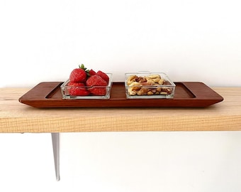Vintage Teak Holz Serviertablett mit Glaseinsätzen | Wiggers Denmark Vorspeisen | Mid Century Modern Serviergeschirr
