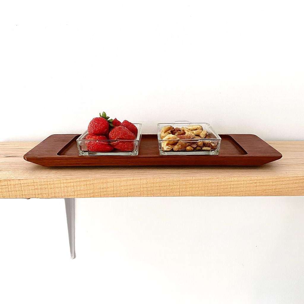 Vintage Teak Wood Serving Tray With Glass Inserts | Wiggers