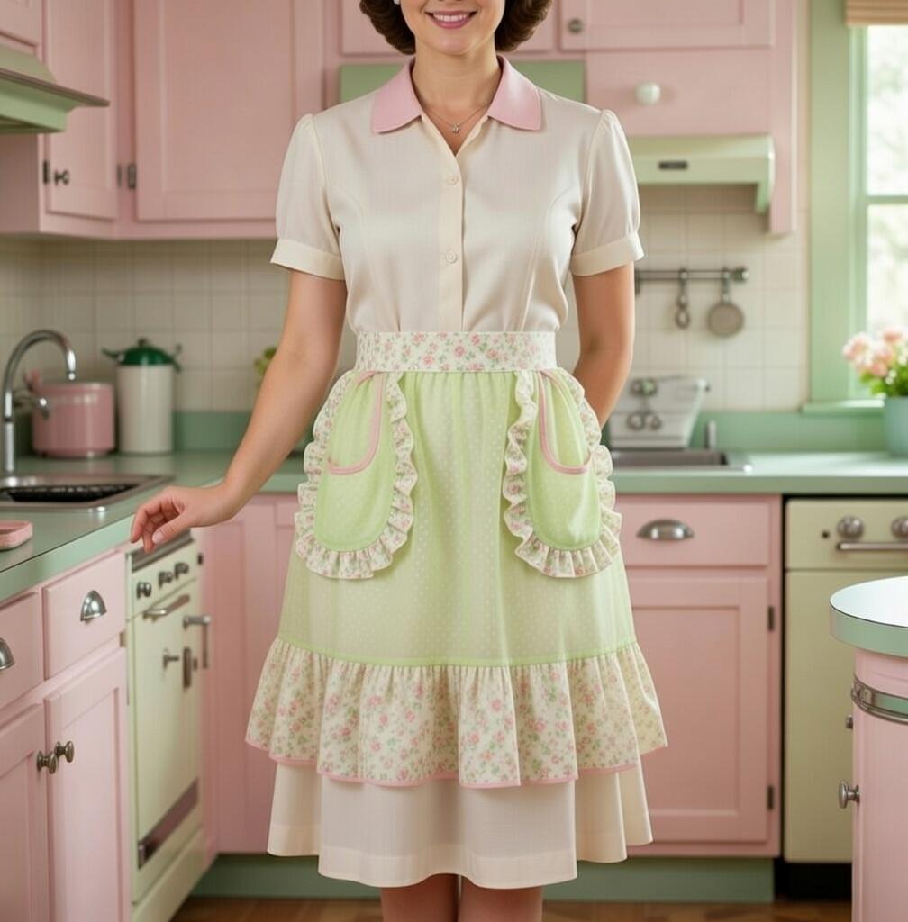Vintage 60s Chiffon Apron: Pink Rosebud & Green Kitchen Linen - Etsy