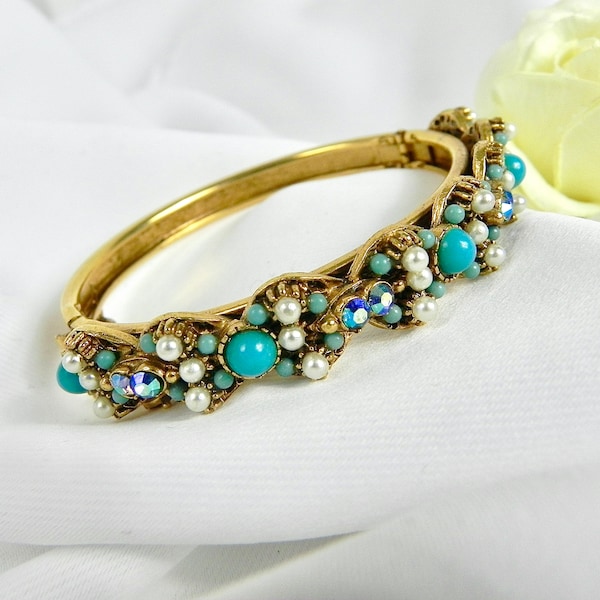Florenza Turquoise Pearl Crystal Bracelet Signed | Gold Tone Vintage Bangle | 60s Estate Jewellery