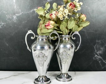 Vintage French Metal Vases | Small Urn Shape Flower Holder | Stainless Steel Mantle Ornament