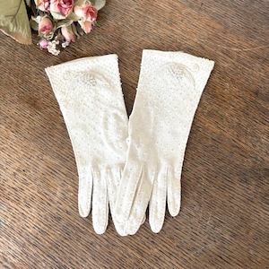 Vintage White Cotton Beaded Gloves | Elegant 1950s Formal Gloves with Seed Bead Detail | Bridal Wedding Gloves