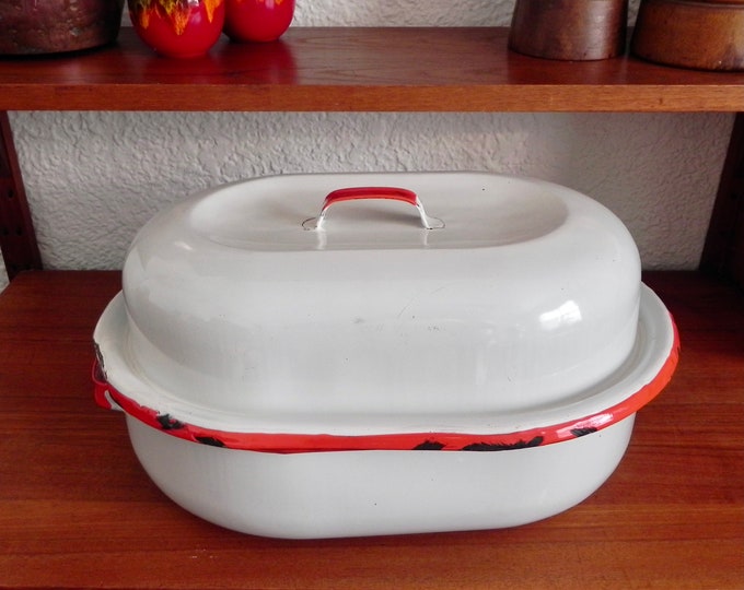 Red & White Enamelware Roaster Antique Turkey Pot Roast Enamel Dutch
