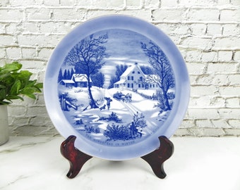 Currier & Ives "The Old Homestead in Winter" Collector Plate | Vintage Blue Collectible Plate