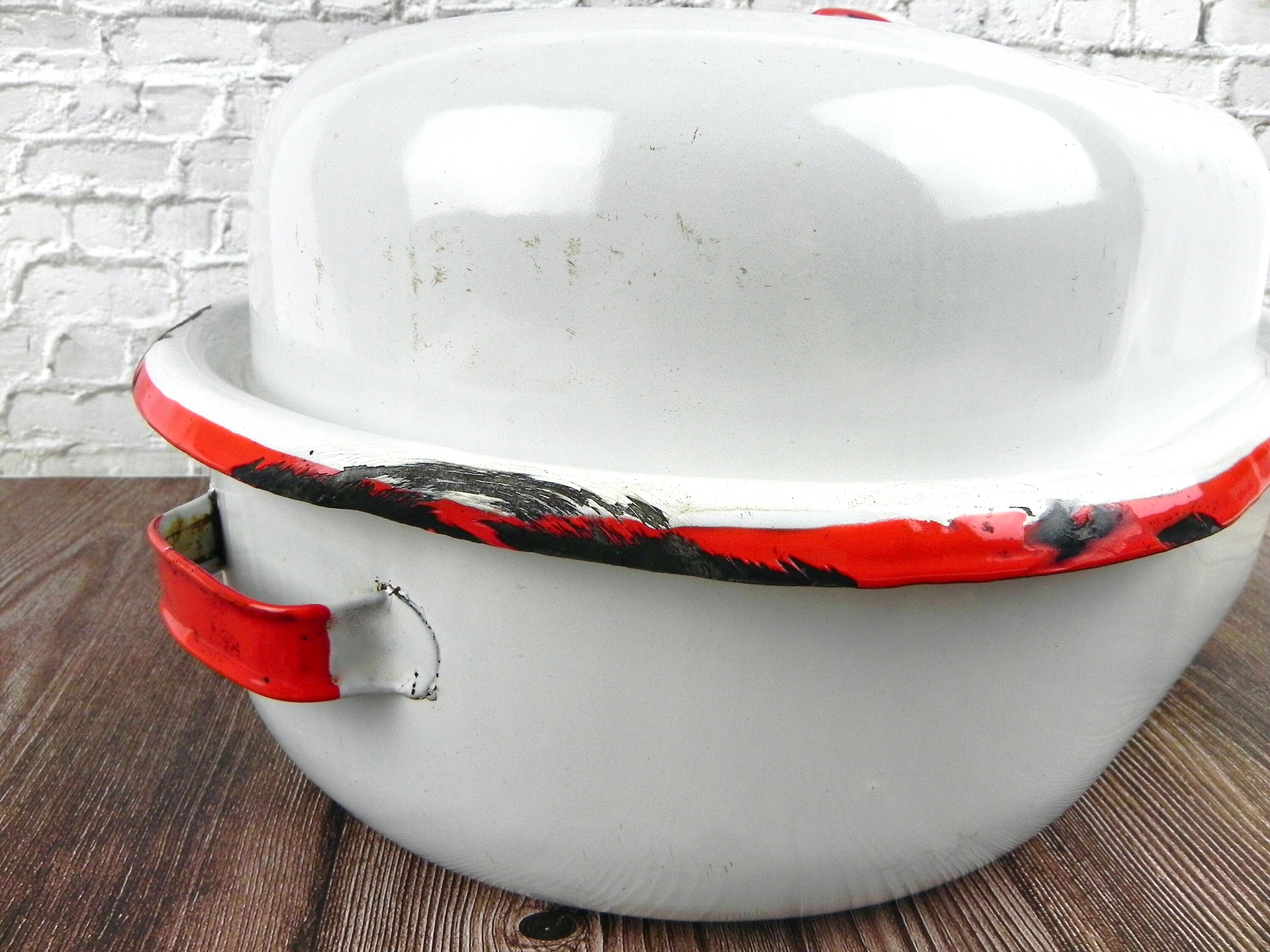 Red & White Enamelware Roaster Antique Turkey Pot Roast Etsy
