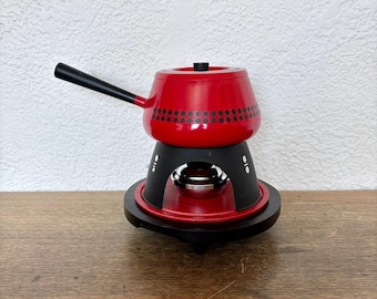 Vintage Red Enamel Fondue Set | 70s Retro Japan Mid-Century Dining