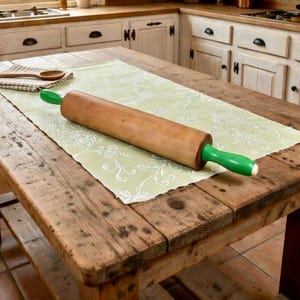 Vintage Wood Rolling Pin: Polyshine Green Handles, Mid-Century Kitchen Gadget