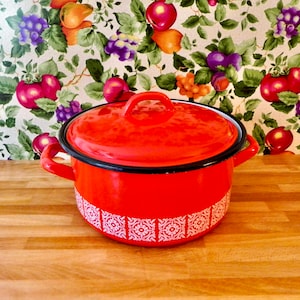 Descoware Red Enamel Stock Pot | Belgian 5-Quart Soup Pot | Mid-Century Kitchenware