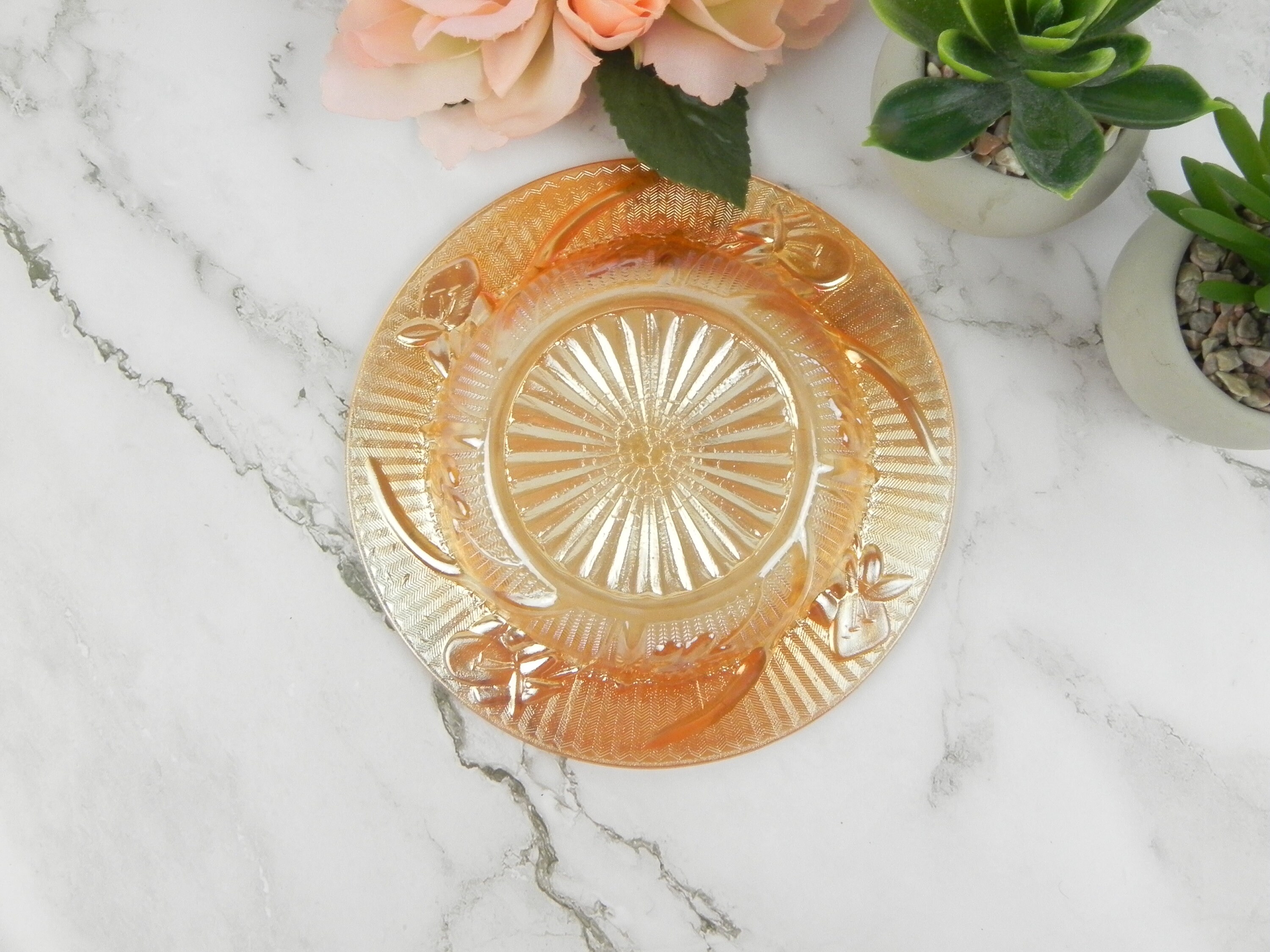 Peach Carnival Glass Candy Dish Pressed Glass Trinket Bowl Etsy