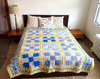 Vintage Handmade Quilt | Yellow & Blue Patchwork Sampler Bed Cover | Country Cottage Decor