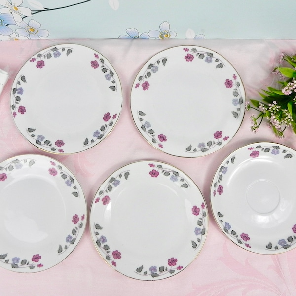 Tangshan Porcelain Side Plates + Saucer | Chinese Dinnerware | Pink & Purple Floral Dishes