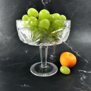 Pedestal Crystal Bowl | Hobstar & Fans Cut Crystal Fruit Bowl | Vintage Crystal Large Candy Dish