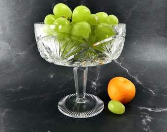 Vintage Cut Crystal Pedestal Bowl: Hobstar & Fans Candy Dish