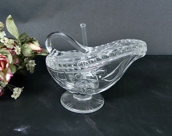 Crystal Mustard Compote Dish with Lid and Spoon | Vintage Jam Dish | Mid-Century Home Decor