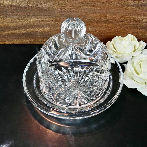 Cut Crystal Butter or Cheese Cloche | Diamond Crosshatch Pattern  | Vintage Bridal Gift