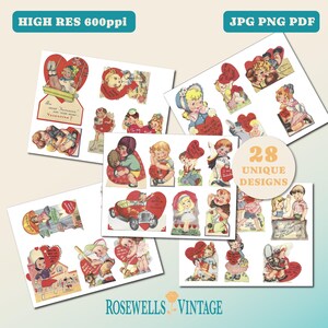 28 biglietti d'auguri vintage per San Valentino / Design originali stampabili degli anni '40 e '50 / Download immediato PNG JPG PDF Pacchetto assortito