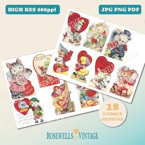18 biglietti d'auguri vintage per San Valentino con simpatici animali / Design originali stampabili degli anni '40 e '50 / Download immediato PNG JPG PDF Pacchetto assortito