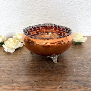 Vintage Copper Rose Bowl | Flower Frog Flemish Copper | Wire Holder with Ornate Feet
