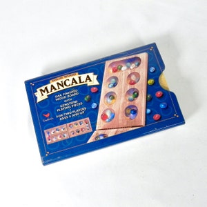 Mancala Game in Oak Box and Gemstone Playing Pieces | Vintage Strategy Game | African Stone Game