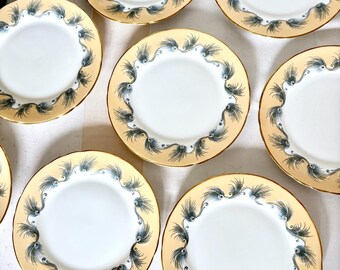 assiettes à déjeuner Aynsley Mid-Century en plumes de paon | Ensemble de 8 porcelaines anglaises vintage